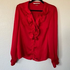 Peter Nygard Bold Red Lightweight Ruffle Button Down Blouse